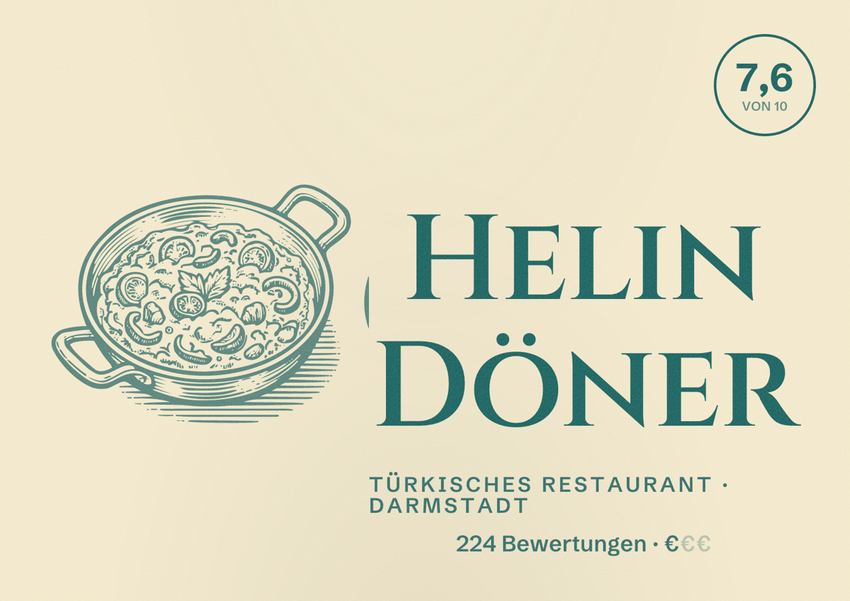 Illustriertes Poster von Helin Döner, Türkisches Restaurant in Darmstadt: Bewertung 7,6 von 10 aus 224 Bewertungen, Preisniveau €