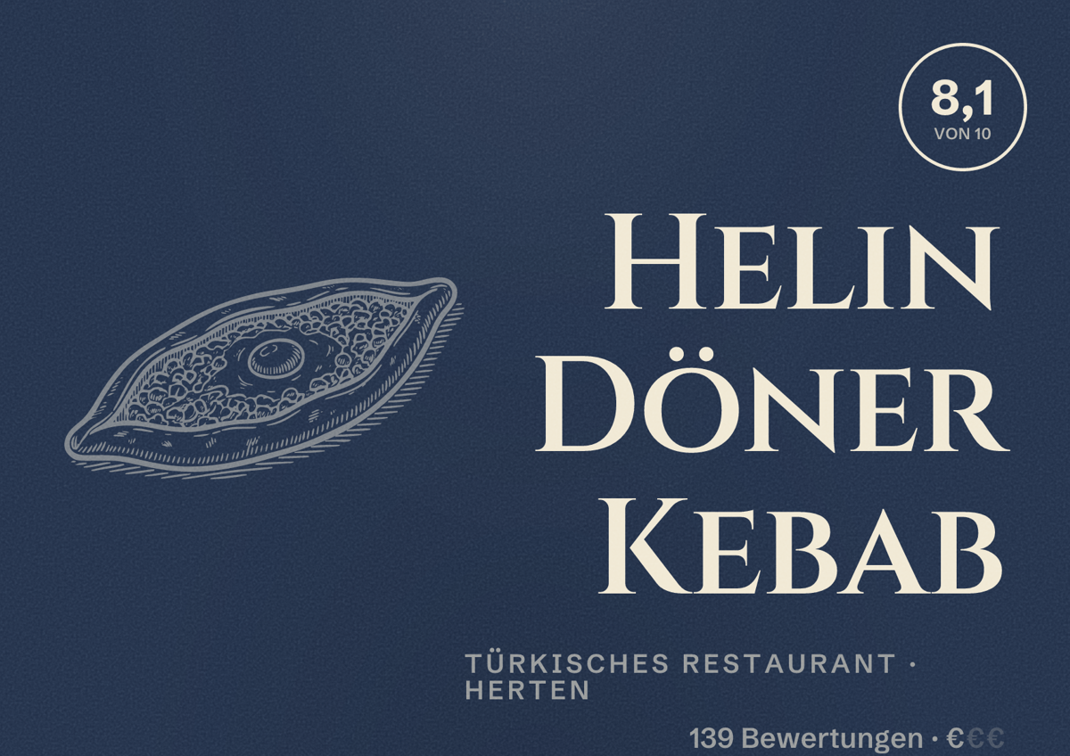 Illustriertes Poster von Helin Döner Kebab, Türkisches Restaurant in Herten: Bewertung 8,1 von 10 aus 139 Bewertungen, Preisniveau €