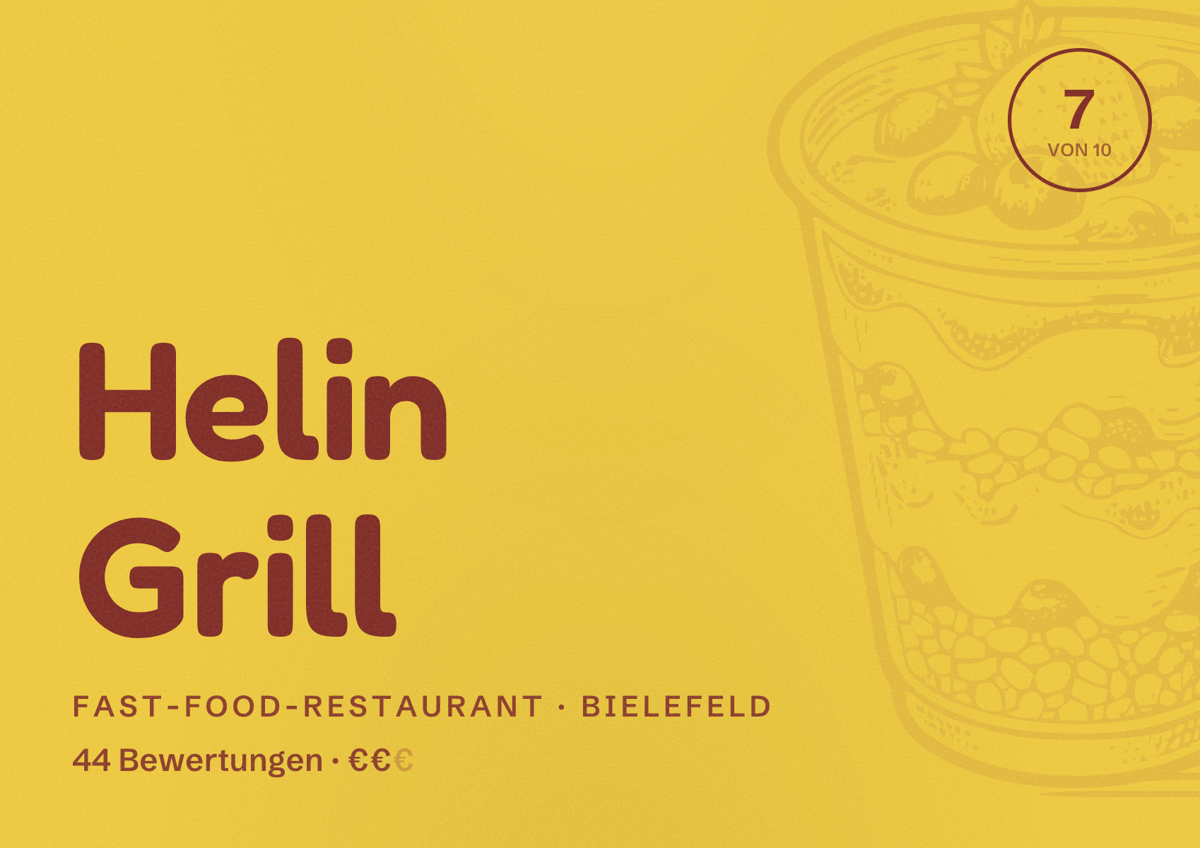 Illustriertes Poster von Helin Grill, Fast-Food-Restaurant in Bielefeld: Bewertung 7 von 10 aus 44 Bewertungen, Preisniveau €€