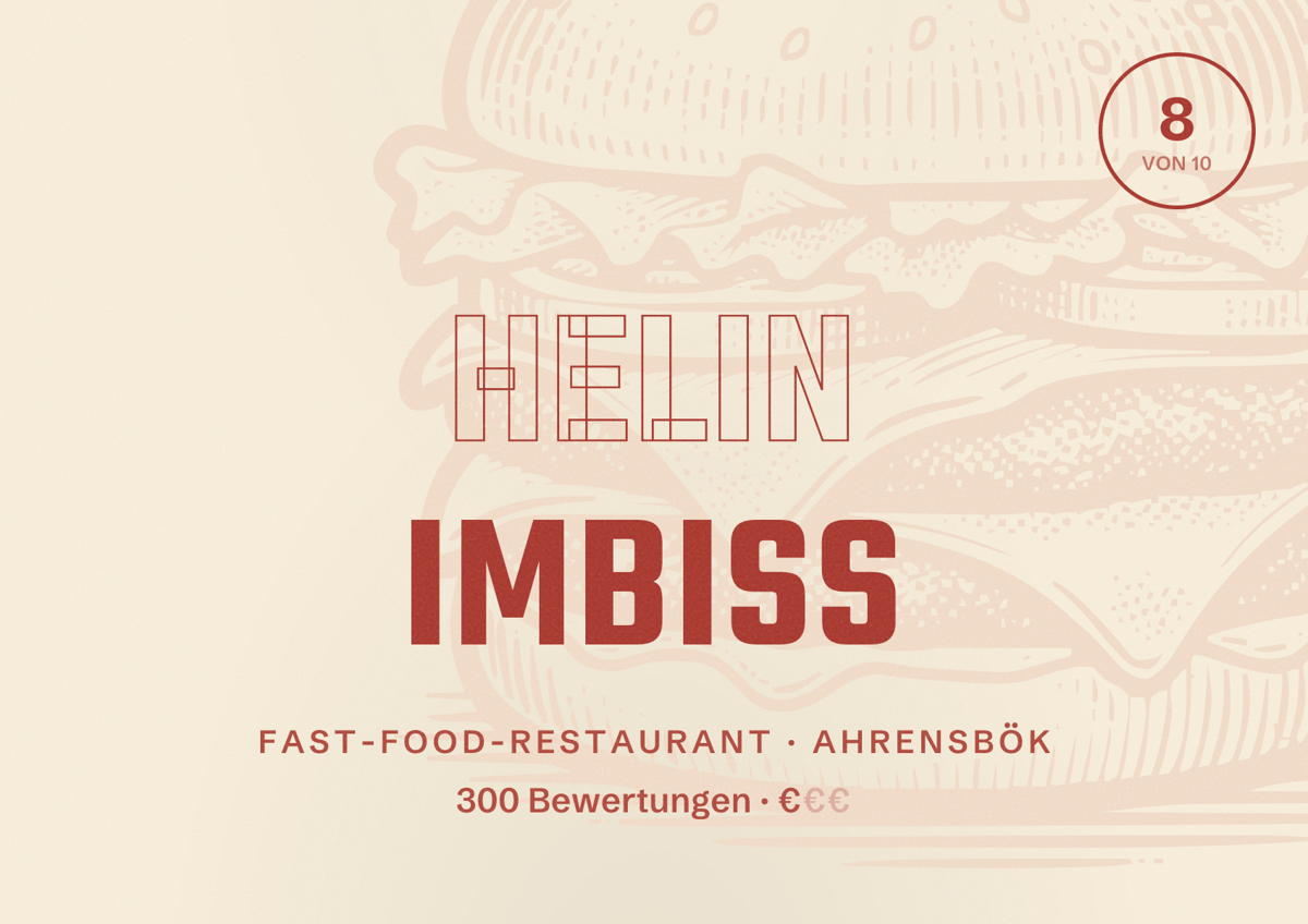 Illustriertes Poster von Helin Imbiss, Fast-Food-Restaurant in Ahrensbök: Bewertung 8 von 10 aus 300 Bewertungen, Preisniveau €