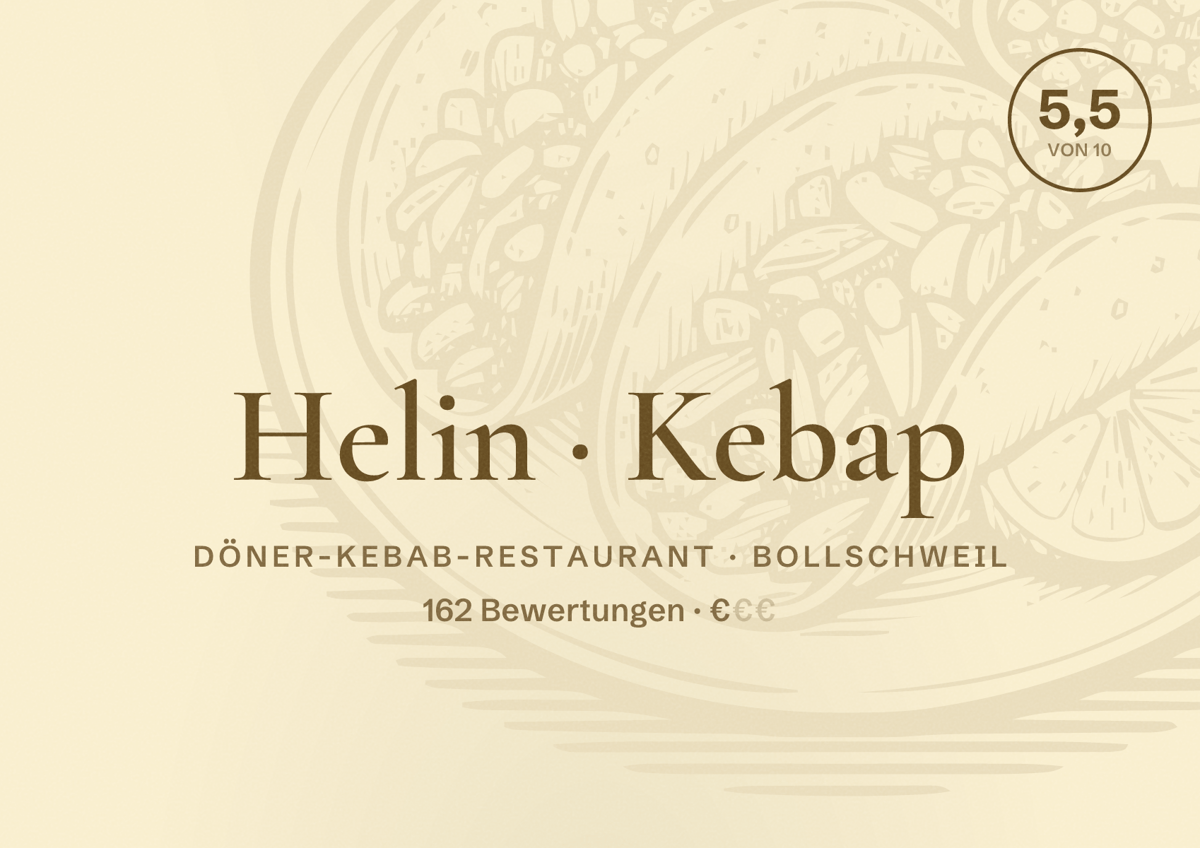 Illustriertes Poster von Helin Kebap, Döner-Kebab-Restaurant in Bollschweil: Bewertung 5,5 von 10 aus 162 Bewertungen, Preisniveau €