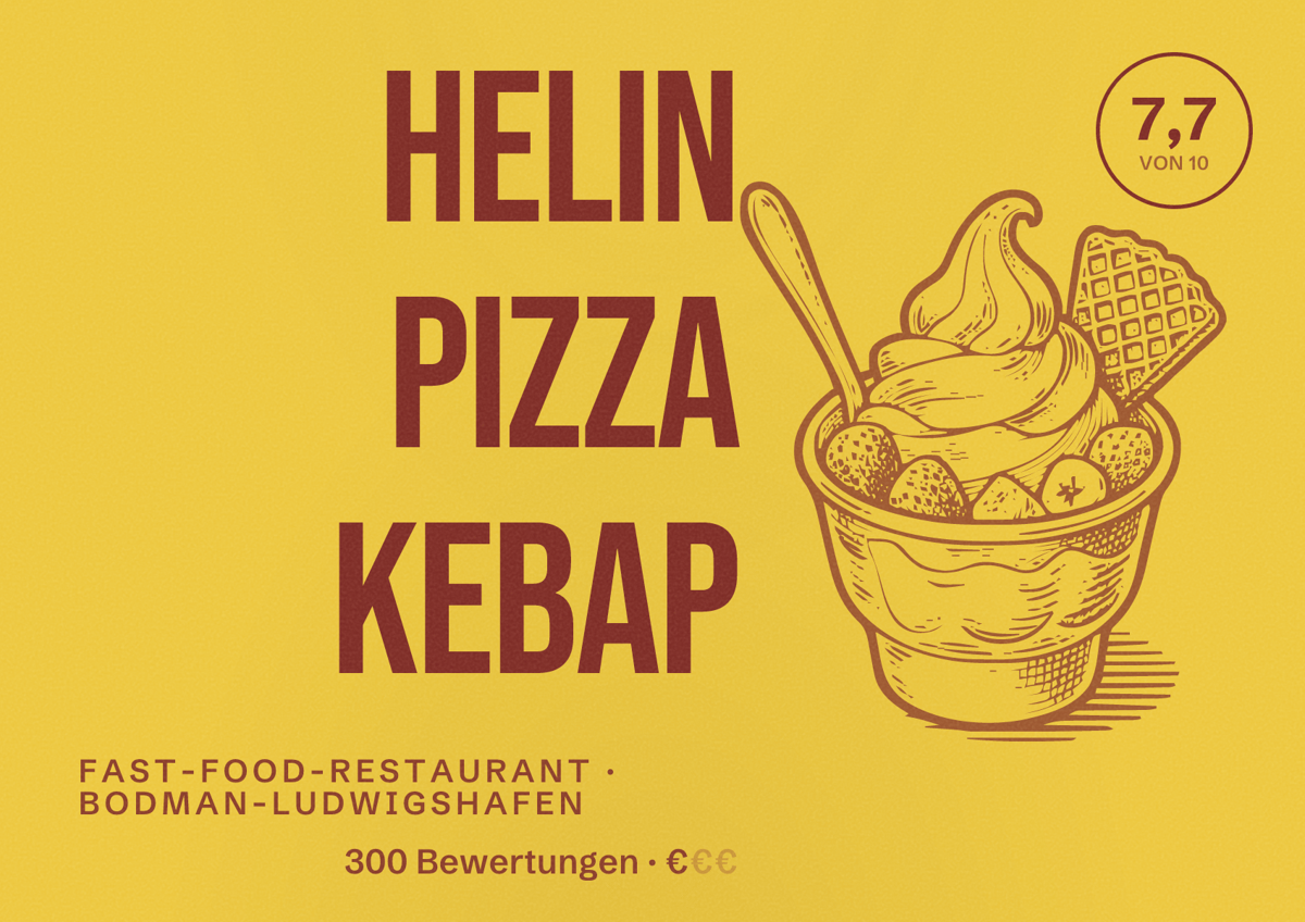 Illustriertes Poster von Helin Pizza Kebap, Fast-Food-Restaurant in Bodman-Ludwigshafen: Bewertung 7,7 von 10 aus 300 Bewertungen, Preisniveau €