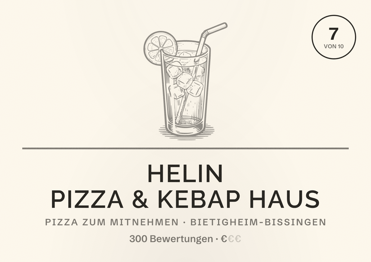 Illustriertes Poster von Helin Pizza & Kebap Haus, Pizza zum Mitnehmen in Bietigheim-Bissingen: Bewertung 7 von 10 aus 300 Bewertungen, Preisniveau €