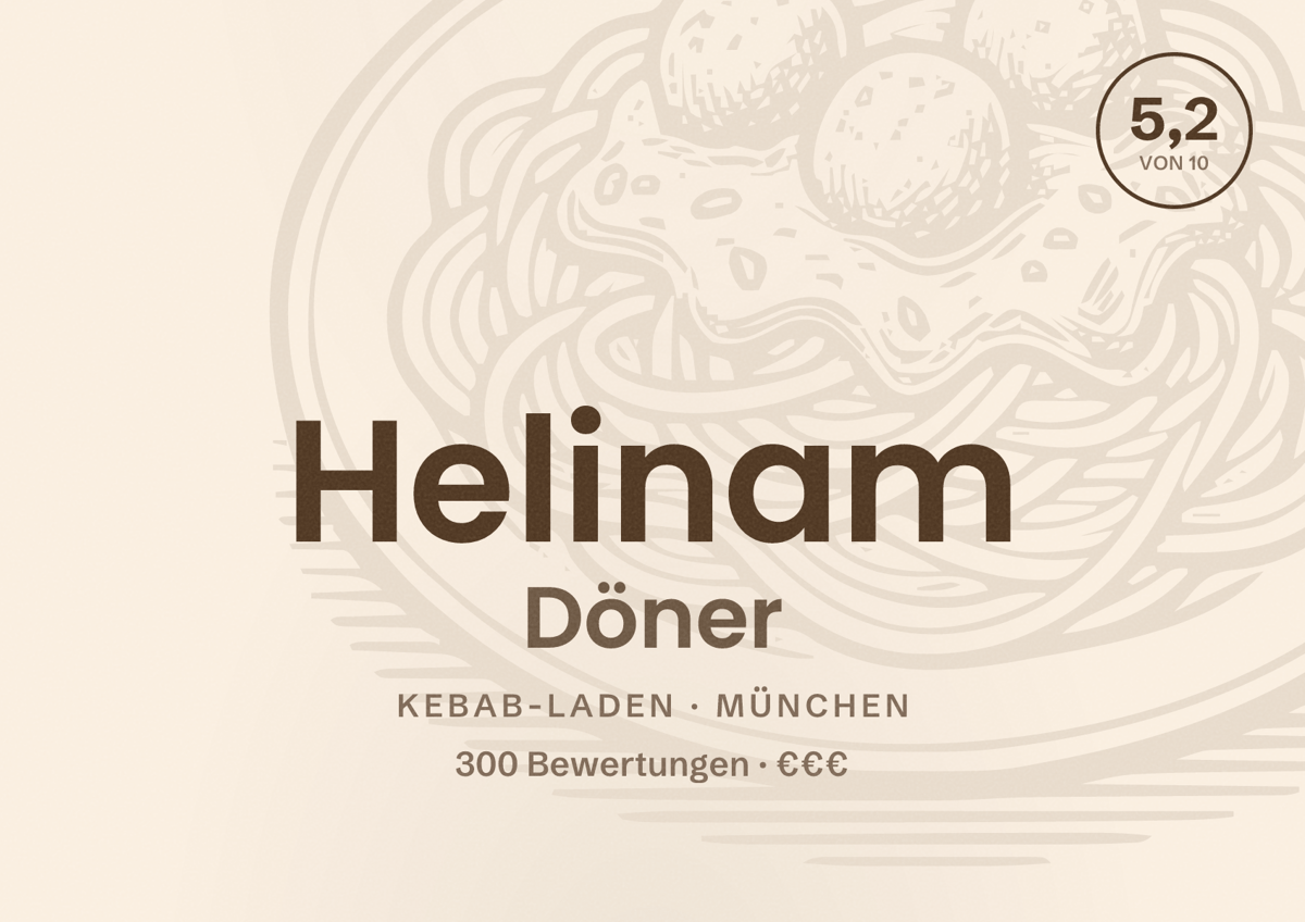 Illustriertes Poster von Helinam Döner, Kebab-Laden in München: Bewertung 5,2 von 10 aus 300 Bewertungen, Preisniveau €€€