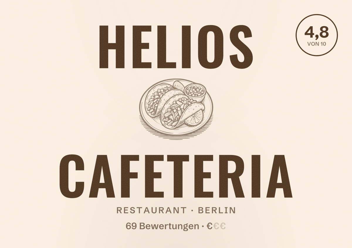 Illustriertes Poster von HELIOS Cafeteria, Restaurant in Berlin: Bewertung 4,8 von 10 aus 69 Bewertungen, Preisniveau €