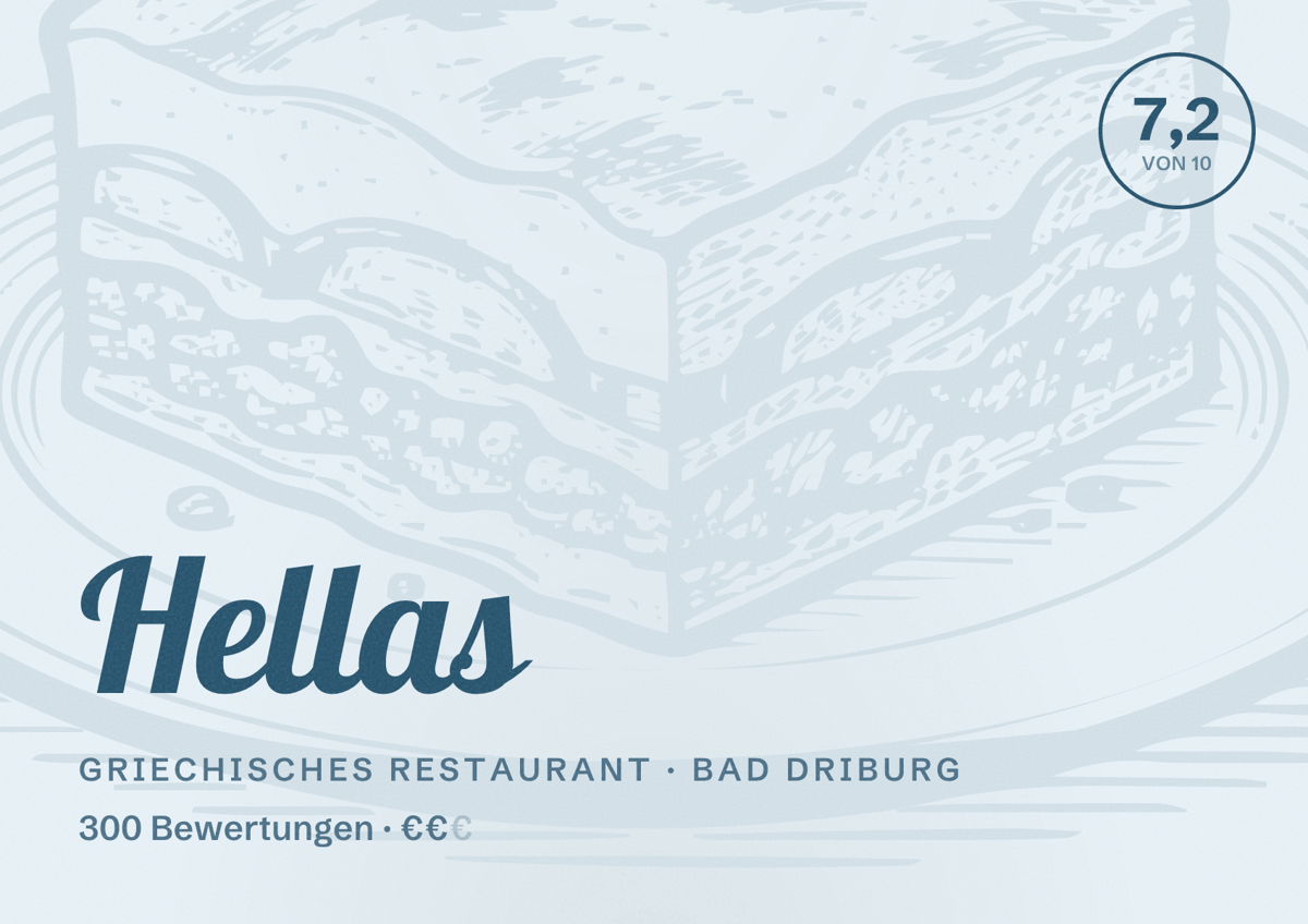 Illustriertes Poster von Hellas, Griechisches Restaurant in Bad Driburg: Bewertung 7,2 von 10 aus 300 Bewertungen, Preisniveau €€