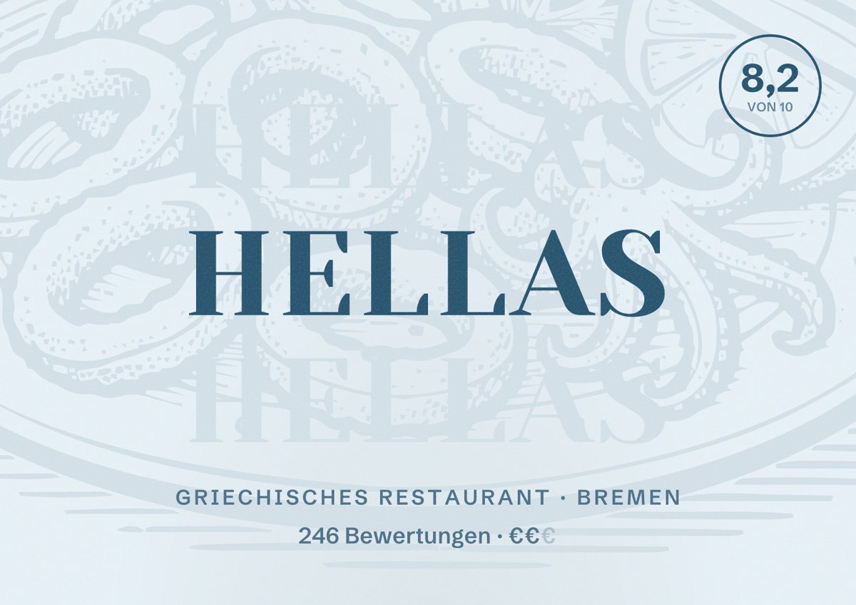 Illustriertes Poster von Hellas, Griechisches Restaurant in Bremen: Bewertung 8,2 von 10 aus 246 Bewertungen, Preisniveau €€