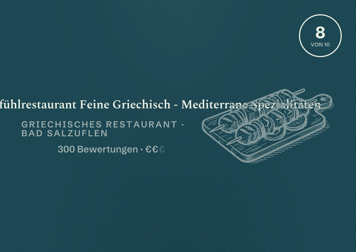 Illustriertes Poster von Hellas - Das Wohlfühlrestaurant Feine Griechisch - Mediterrane Spezialitäten, Griechisches Restaurant in Bad Salzuflen: Bewertung 8 von 10 aus 300 Bewertungen, Preisniveau €€