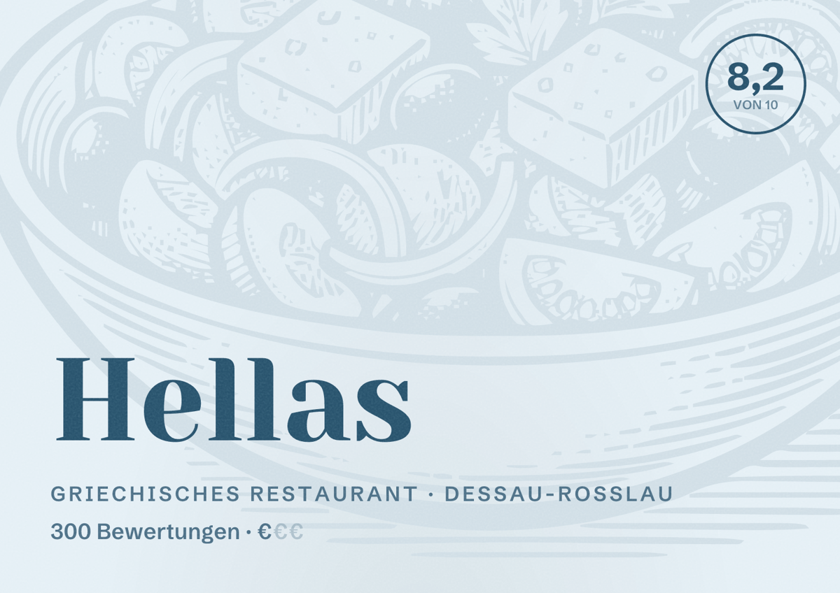 Illustriertes Poster von Hellas, Griechisches Restaurant in Dessau-Roßlau: Bewertung 8,2 von 10 aus 300 Bewertungen, Preisniveau €