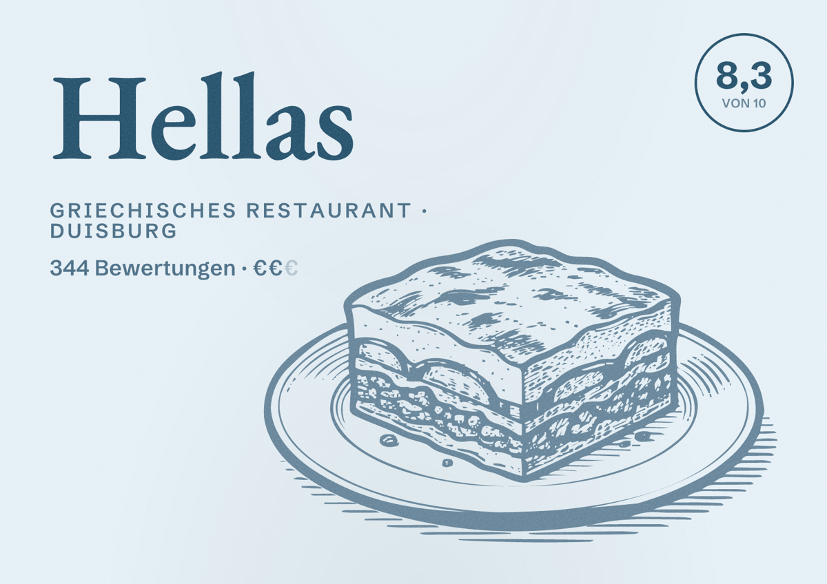 Illustriertes Poster von Hellas, Griechisches Restaurant in Duisburg: Bewertung 8,3 von 10 aus 344 Bewertungen, Preisniveau €€