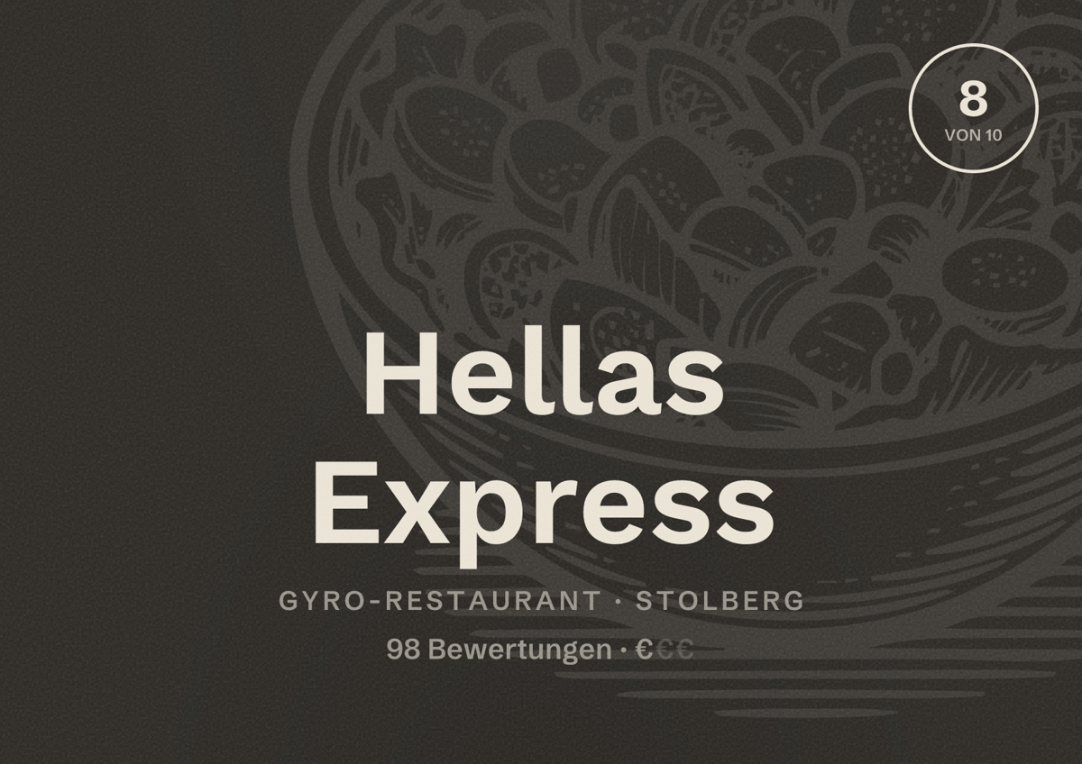 Illustriertes Poster von Hellas Express, Gyro-Restaurant in Stolberg: Bewertung 8 von 10 aus 98 Bewertungen, Preisniveau €