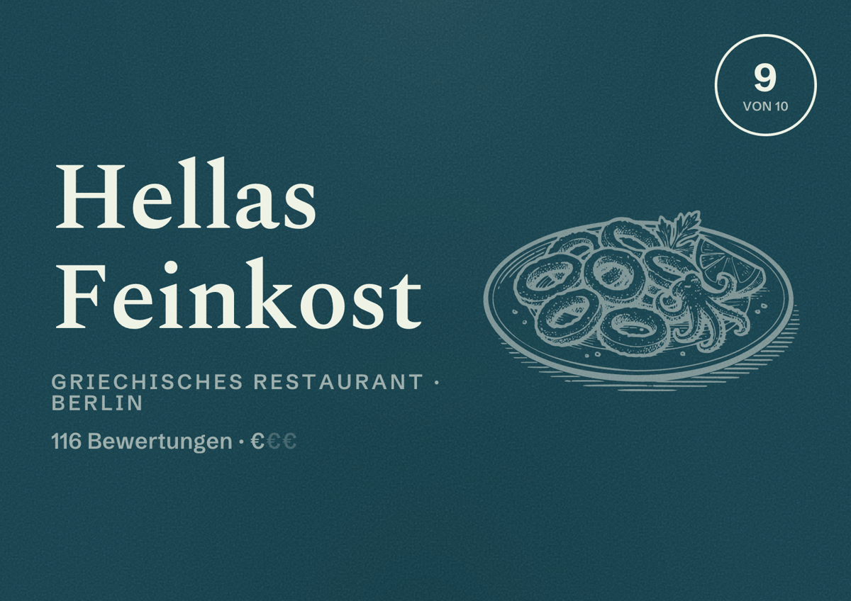 Illustriertes Poster von Hellas Feinkost, Griechisches Restaurant in Berlin: Bewertung 9,0 von 10 aus 116 Bewertungen, Preisniveau €