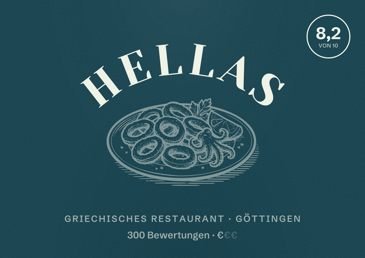 Illustriertes Poster von Hellas, Griechisches Restaurant in Göttingen: Bewertung 8,2 von 10 aus 300 Bewertungen, Preisniveau €