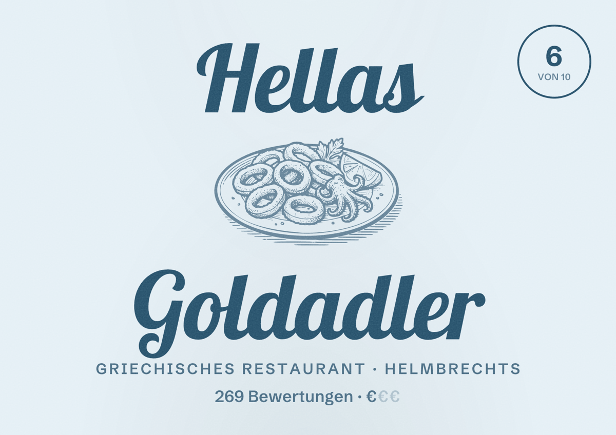 Illustriertes Poster von Hellas Goldadler, Griechisches Restaurant in Helmbrechts: Bewertung 6 von 10 aus 269 Bewertungen, Preisniveau €
