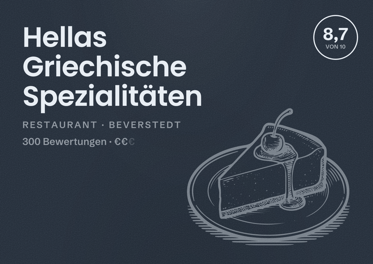 Illustriertes Poster von Hellas Griechische Spezialitäten, Restaurant in Beverstedt: Bewertung 8,7 von 10 aus 300 Bewertungen, Preisniveau €€
