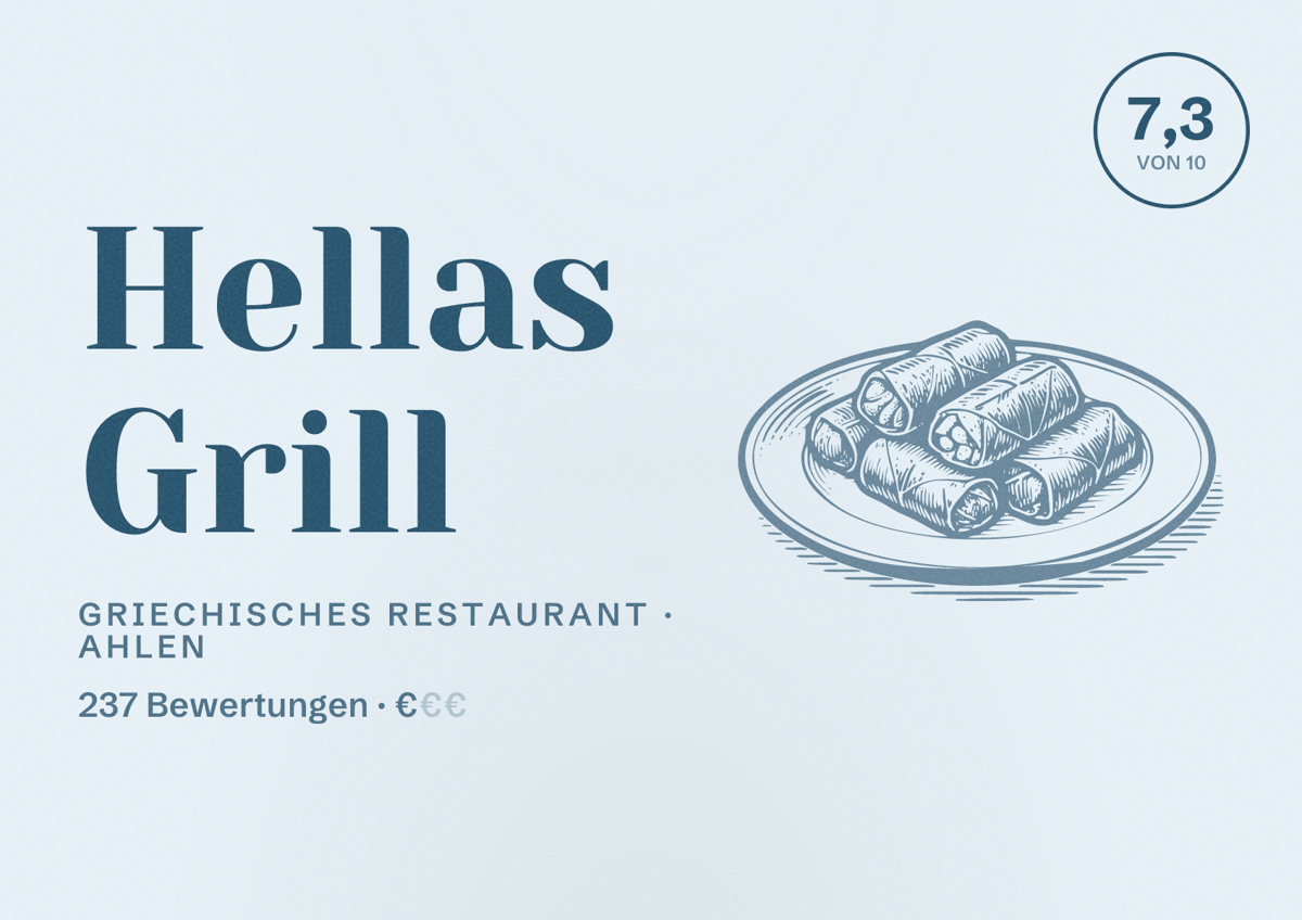 Illustriertes Poster von Hellas Grill, Griechisches Restaurant in Ahlen: Bewertung 7,3 von 10 aus 237 Bewertungen, Preisniveau €