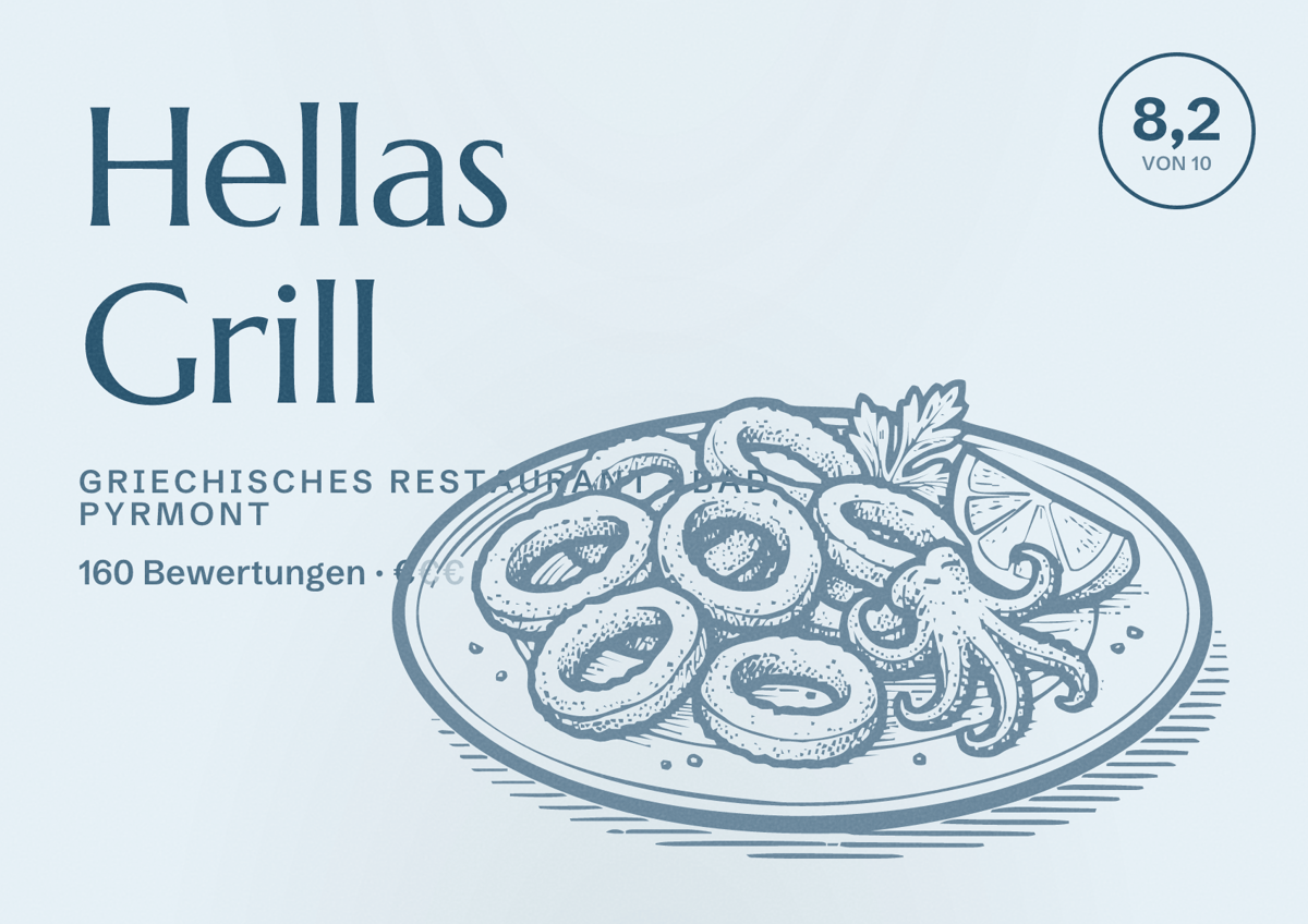 Illustriertes Poster von Hellas Grill, Griechisches Restaurant in Bad Pyrmont: Bewertung 8,2 von 10 aus 160 Bewertungen, Preisniveau €