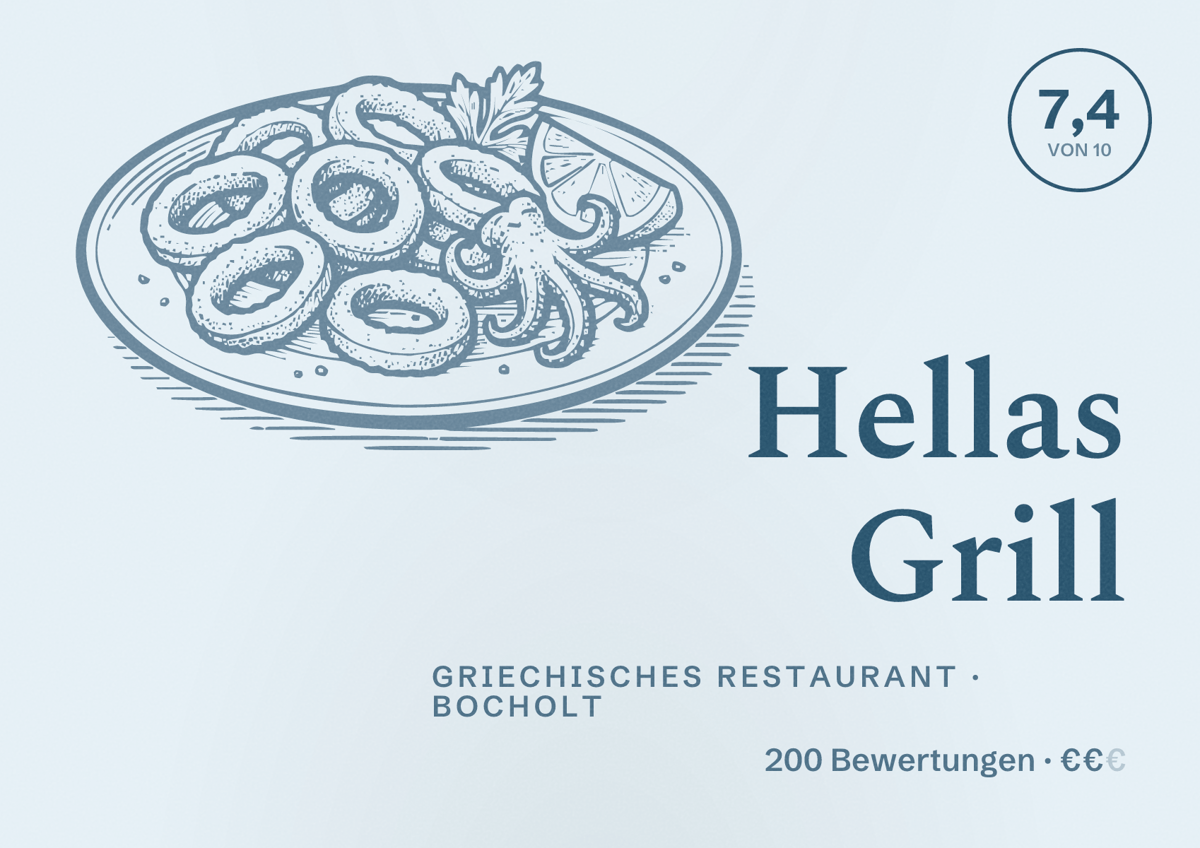 Illustriertes Poster von Hellas Grill, Griechisches Restaurant in Bocholt: Bewertung 7,4 von 10 aus 200 Bewertungen, Preisniveau €€