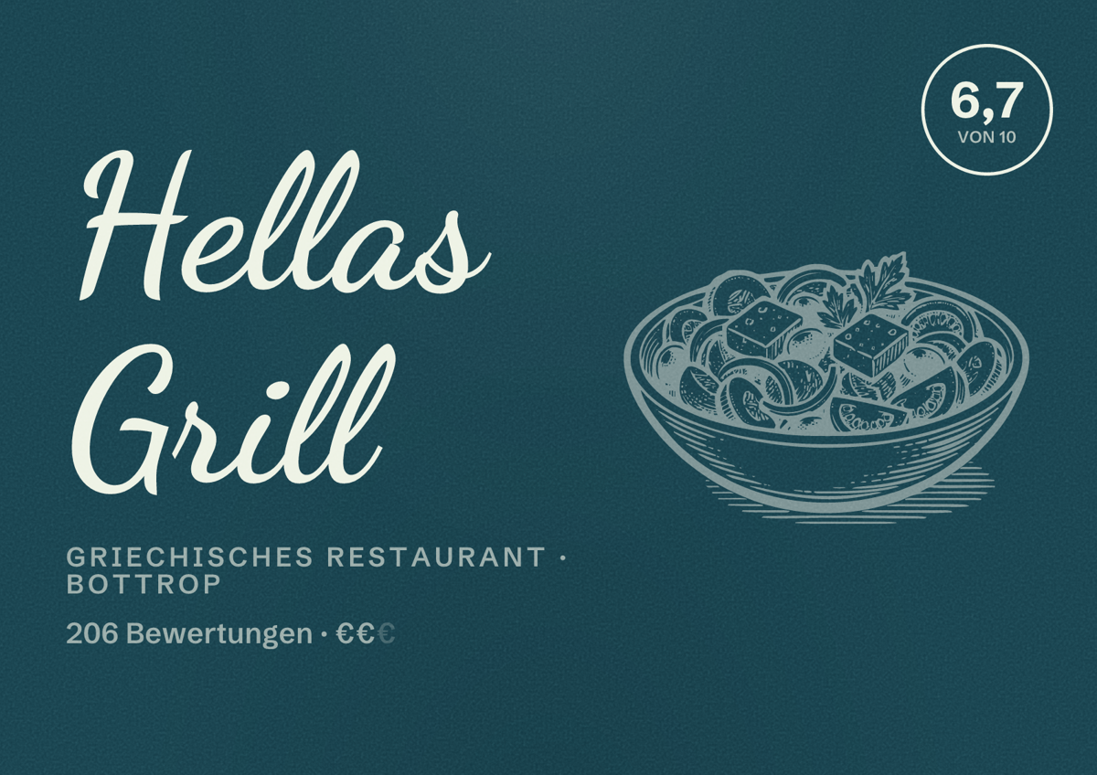 Illustriertes Poster von Hellas Grill, Griechisches Restaurant in Bottrop: Bewertung 6,7 von 10 aus 206 Bewertungen, Preisniveau €€