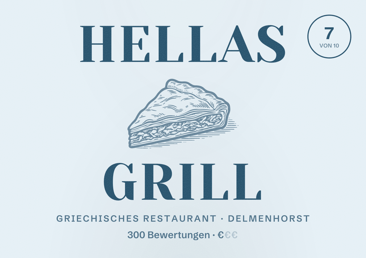 Illustriertes Poster von Hellas Grill, Griechisches Restaurant in Delmenhorst: Bewertung 7 von 10 aus 300 Bewertungen, Preisniveau €