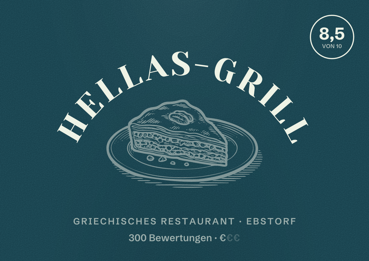 Illustriertes Poster von Hellas-Grill, Griechisches Restaurant in Ebstorf: Bewertung 8,5 von 10 aus 300 Bewertungen, Preisniveau €