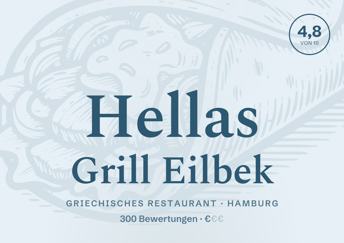 Illustriertes Poster von Hellas Grill Eilbek, Griechisches Restaurant in Hamburg: Bewertung 4,8 von 10 aus 300 Bewertungen, Preisniveau €