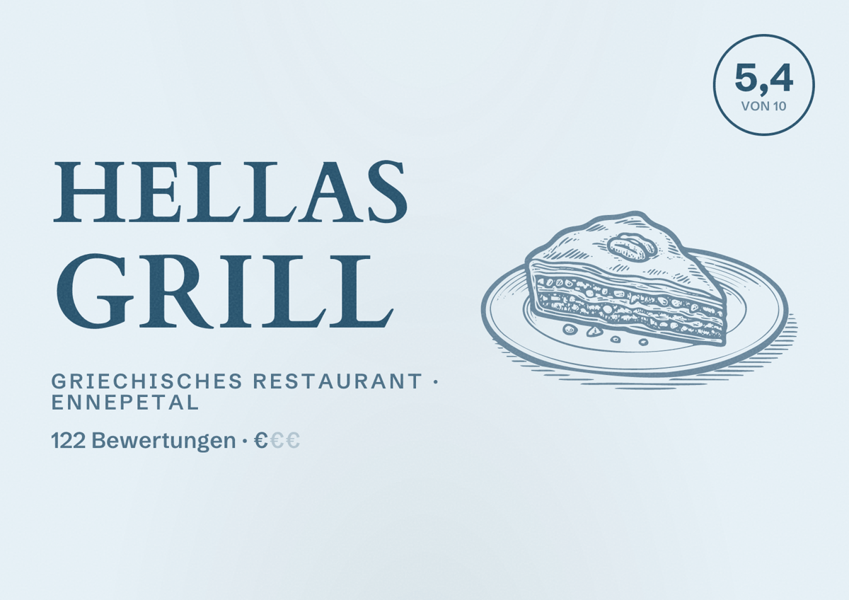 Illustriertes Poster von Hellas Grill, Griechisches Restaurant in Ennepetal: Bewertung 5,4 von 10 aus 122 Bewertungen, Preisniveau €