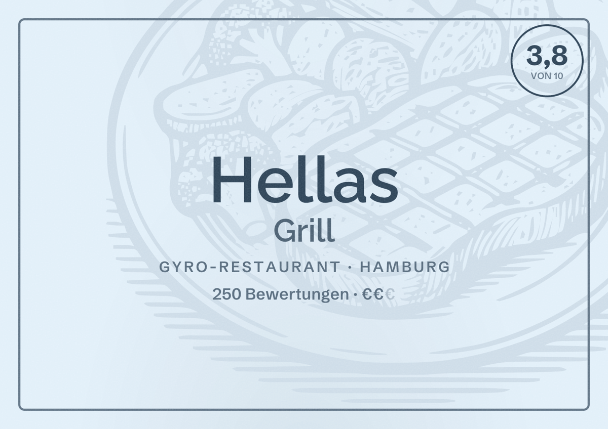 Illustriertes Poster von Hellas Grill, Gyro-Restaurant in Hamburg: Bewertung 3,8 von 10 aus 250 Bewertungen, Preisniveau €€