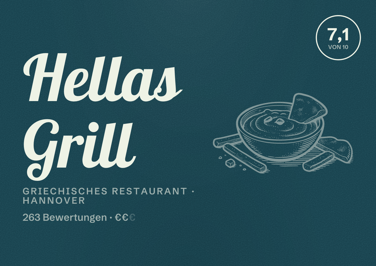 Illustriertes Poster von Hellas Grill, Griechisches Restaurant in Hannover: Bewertung 7,1 von 10 aus 263 Bewertungen, Preisniveau €€