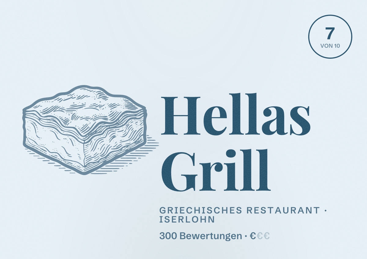 Illustriertes Poster von Hellas Grill, Griechisches Restaurant in Iserlohn: Bewertung 7 von 10 aus 300 Bewertungen, Preisniveau €