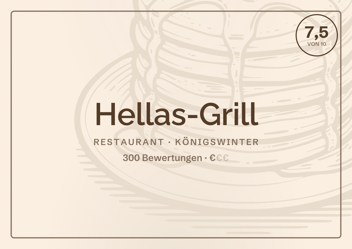 Illustriertes Poster von Hellas-Grill, Restaurant in Königswinter: Bewertung 7,5 von 10 aus 300 Bewertungen, Preisniveau €