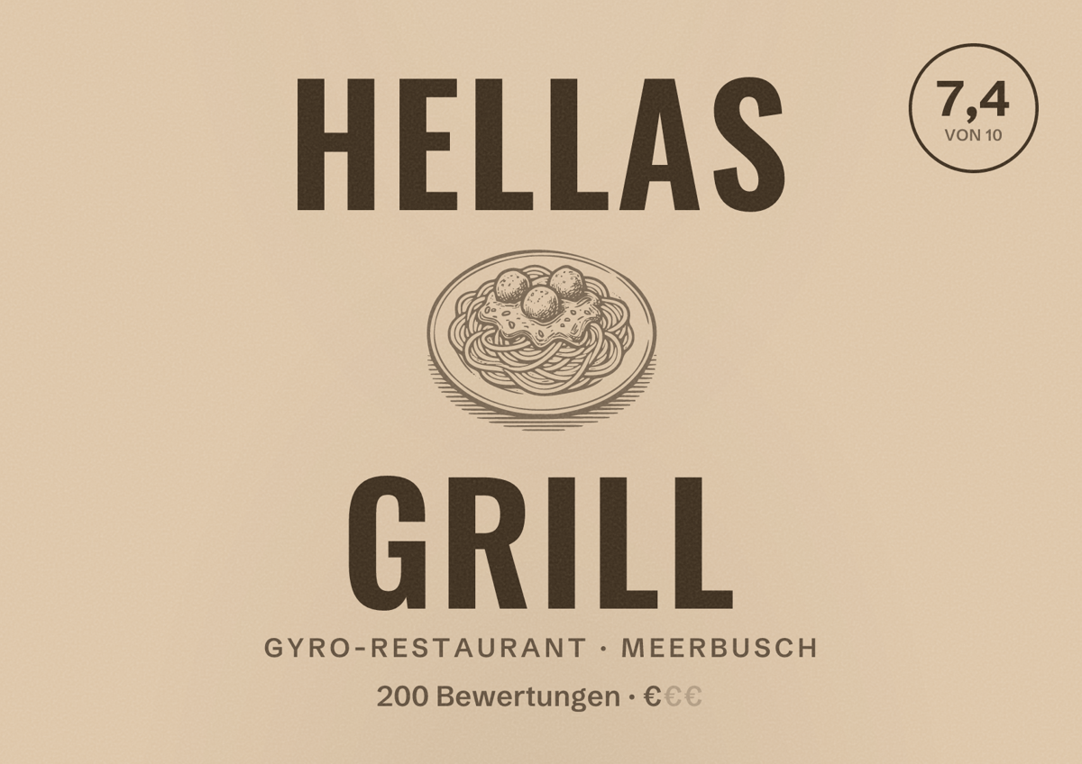 Illustriertes Poster von Hellas Grill, Gyro-Restaurant in Meerbusch: Bewertung 7,4 von 10 aus 200 Bewertungen, Preisniveau €