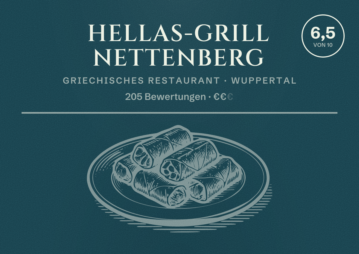 Illustriertes Poster von Hellas-Grill Nettenberg, Griechisches Restaurant in Wuppertal: Bewertung 6,5 von 10 aus 205 Bewertungen, Preisniveau €€
