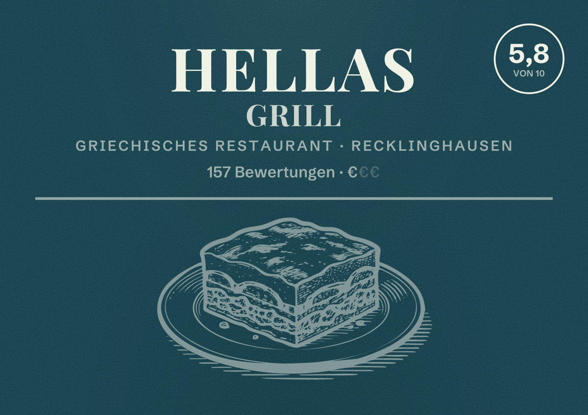 Illustriertes Poster von Hellas Grill, Griechisches Restaurant in Recklinghausen: Bewertung 5,8 von 10 aus 157 Bewertungen, Preisniveau €