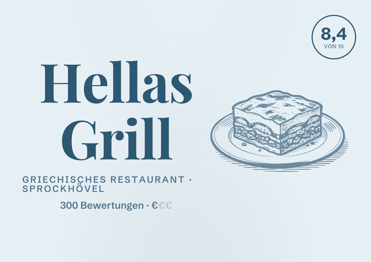 Illustriertes Poster von Hellas Grill, Griechisches Restaurant in Sprockhövel: Bewertung 8,4 von 10 aus 300 Bewertungen, Preisniveau €