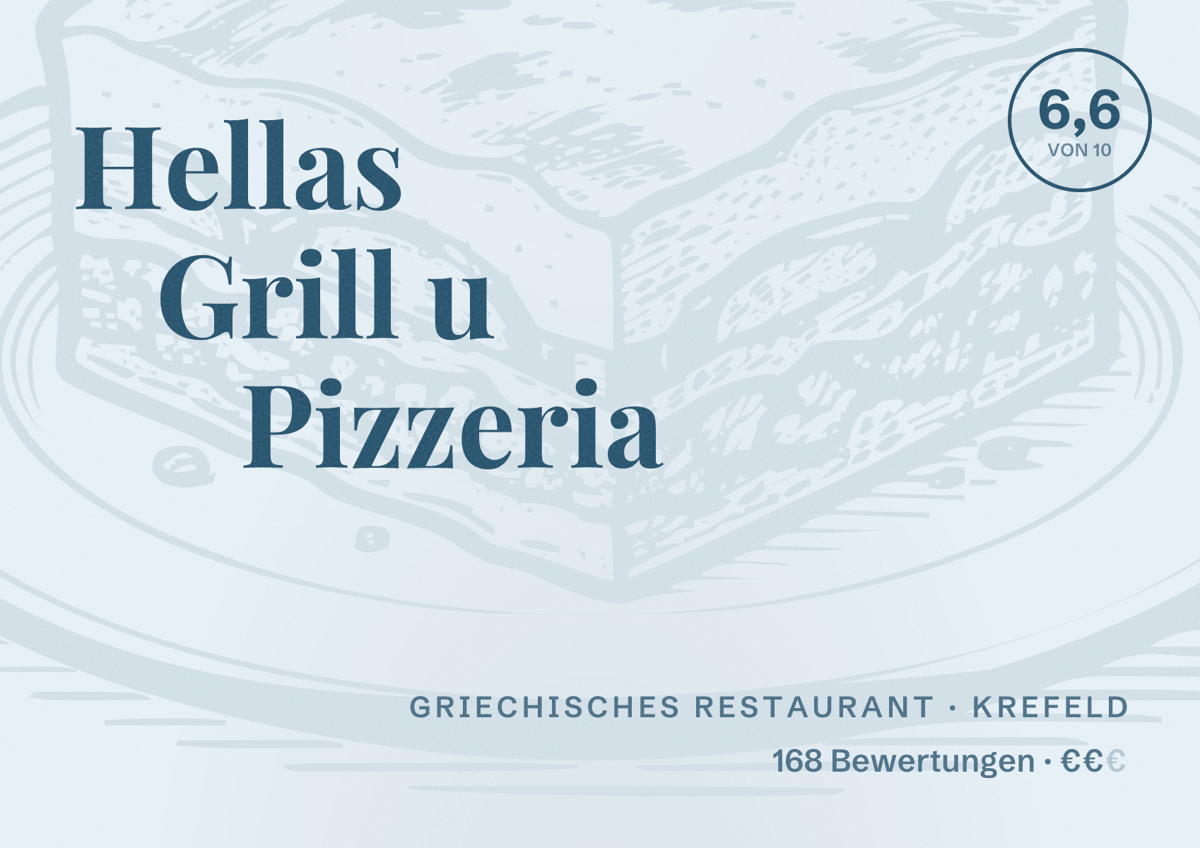 Illustriertes Poster von Hellas Grill u Pizzeria, Griechisches Restaurant in Krefeld: Bewertung 6,6 von 10 aus 168 Bewertungen, Preisniveau €€