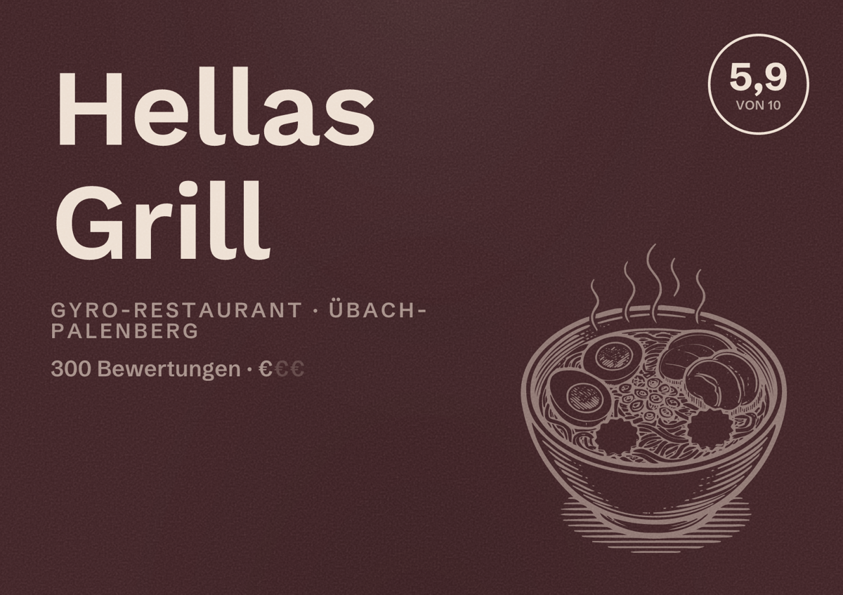 Illustriertes Poster von Hellas Grill, Gyro-Restaurant in Übach-Palenberg: Bewertung 5,9 von 10 aus 300 Bewertungen, Preisniveau €