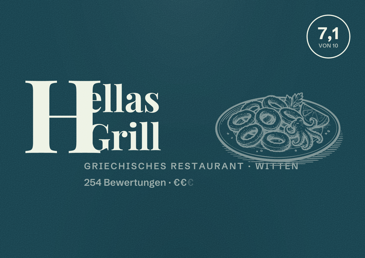 Illustriertes Poster von Hellas Grill, Griechisches Restaurant in Witten: Bewertung 7,1 von 10 aus 254 Bewertungen, Preisniveau €€