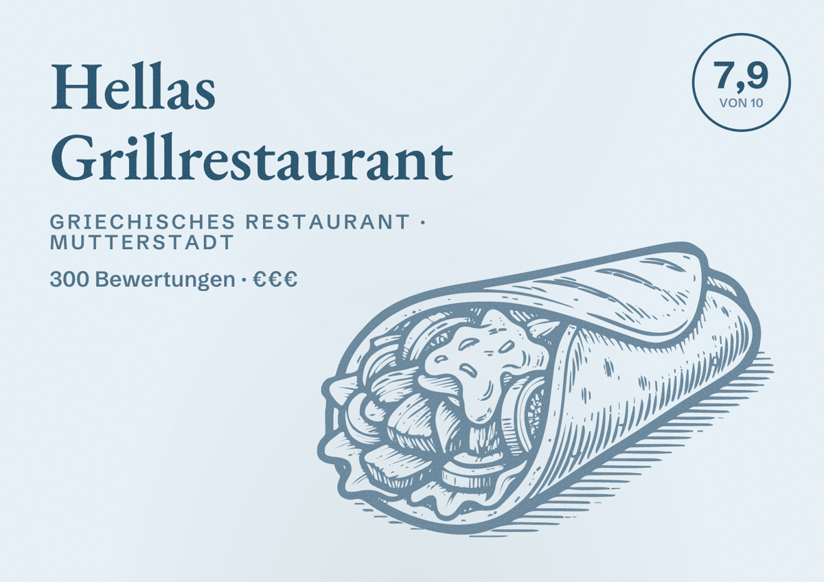 Illustriertes Poster von Hellas Grillrestaurant, Griechisches Restaurant in Mutterstadt: Bewertung 7,9 von 10 aus 300 Bewertungen, Preisniveau €€€