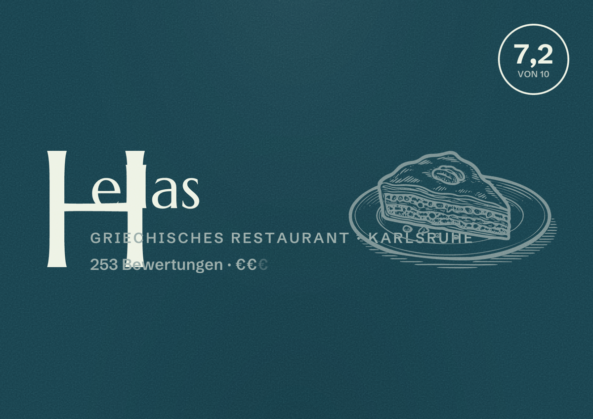Illustriertes Poster von Hellas, Griechisches Restaurant in Karlsruhe: Bewertung 7,2 von 10 aus 253 Bewertungen, Preisniveau €€