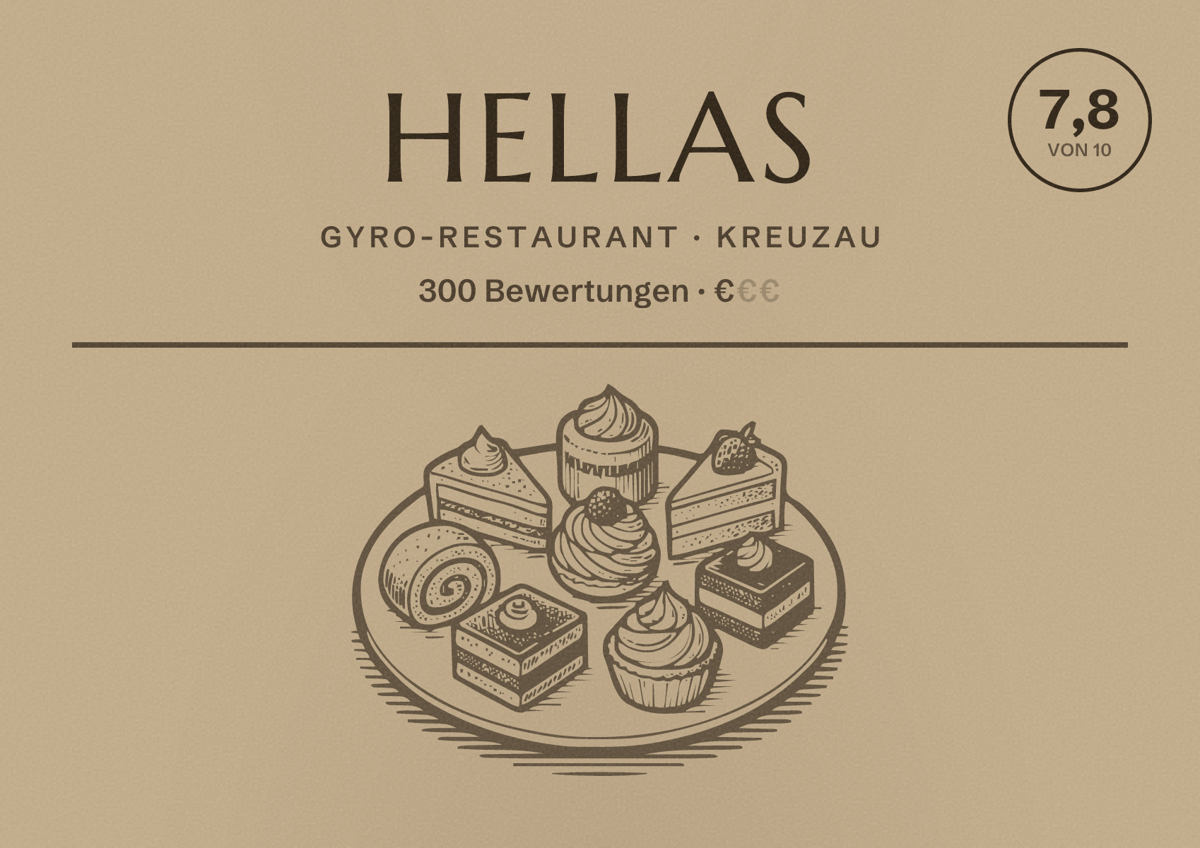 Illustriertes Poster von Hellas, Gyro-Restaurant in Kreuzau: Bewertung 7,8 von 10 aus 300 Bewertungen, Preisniveau €