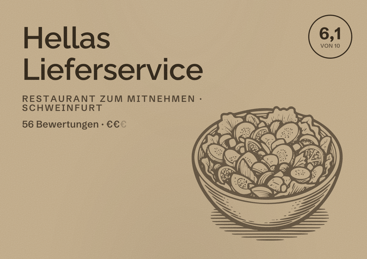 Illustriertes Poster von Hellas Lieferservice, Restaurant zum Mitnehmen in Schweinfurt: Bewertung 6,1 von 10 aus 56 Bewertungen, Preisniveau €€