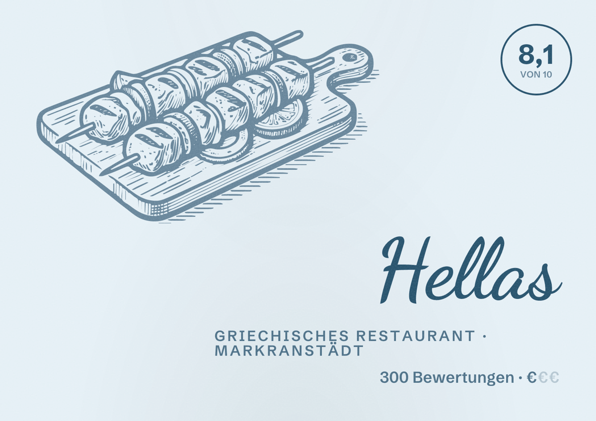 Illustriertes Poster von Hellas, Griechisches Restaurant in Markranstädt: Bewertung 8,1 von 10 aus 300 Bewertungen, Preisniveau €
