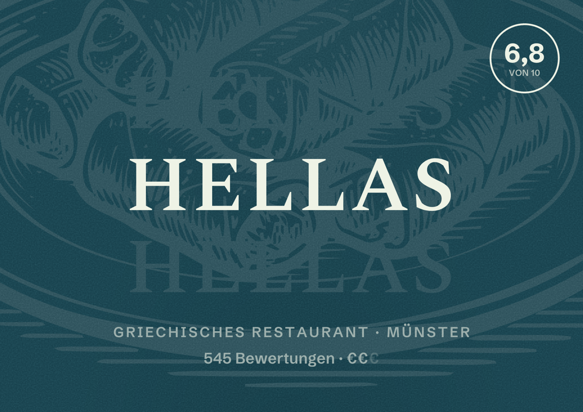 Illustriertes Poster von Hellas, Griechisches Restaurant in Münster: Bewertung 6,8 von 10 aus 545 Bewertungen, Preisniveau €€