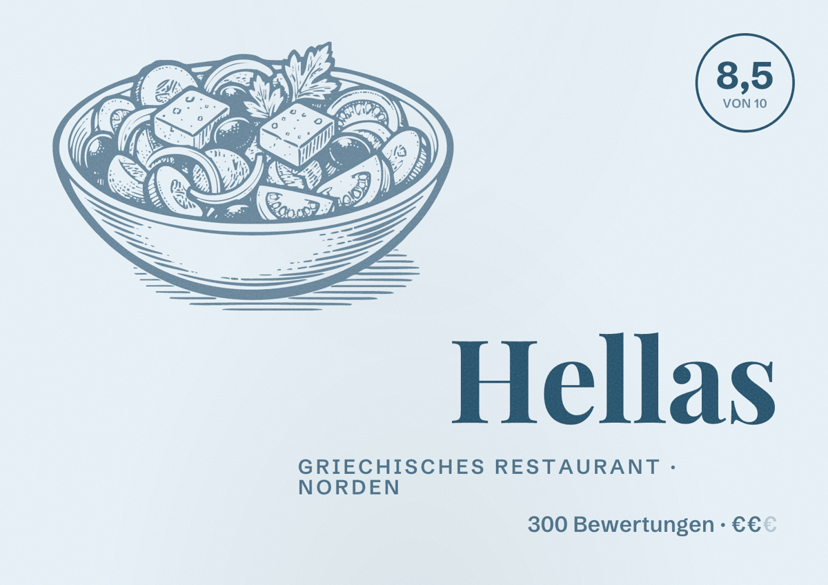 Illustriertes Poster von Hellas, Griechisches Restaurant in Norden: Bewertung 8,5 von 10 aus 300 Bewertungen, Preisniveau €€