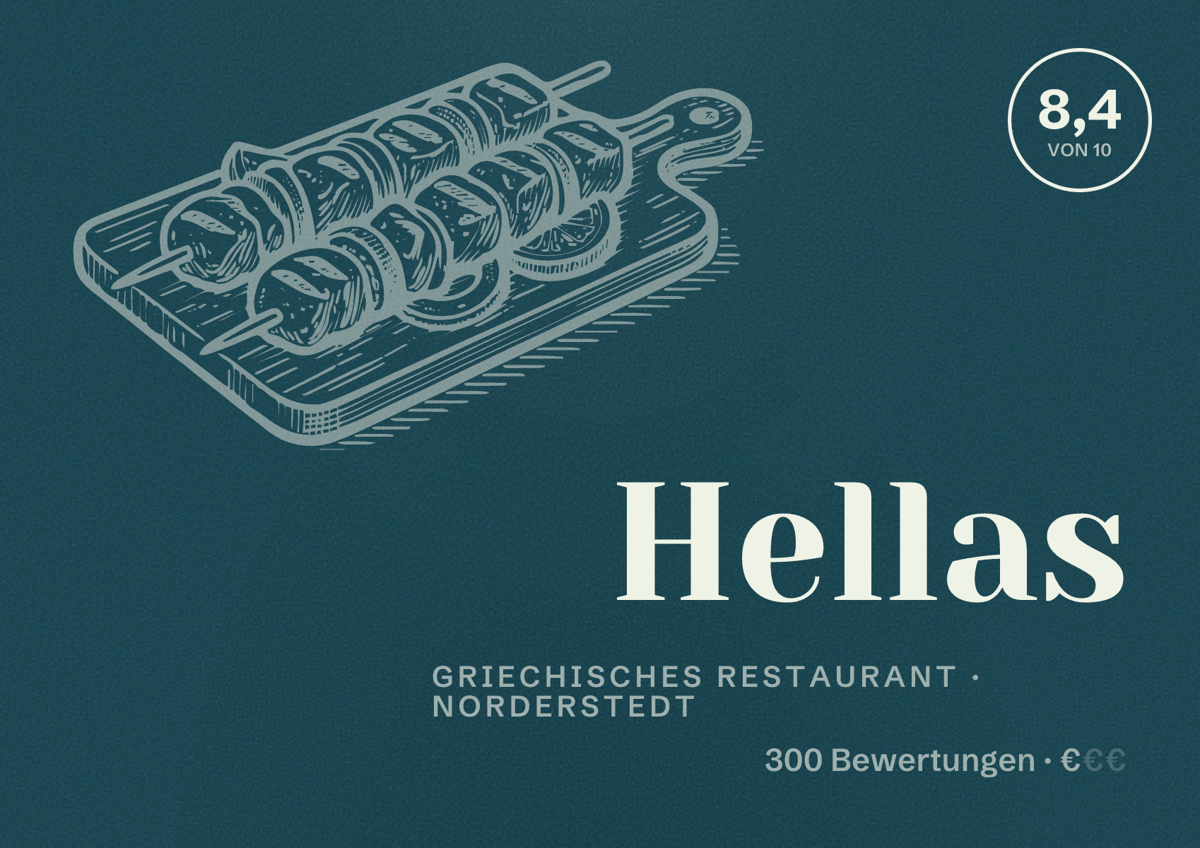 Illustriertes Poster von Hellas, Griechisches Restaurant in Norderstedt: Bewertung 8,4 von 10 aus 300 Bewertungen, Preisniveau €