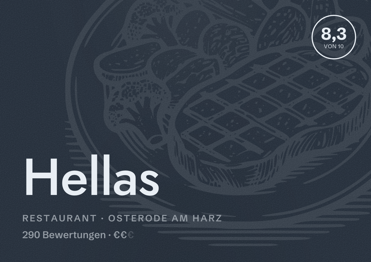 Illustriertes Poster von Hellas, Restaurant in Osterode am Harz: Bewertung 8,3 von 10 aus 290 Bewertungen, Preisniveau €€