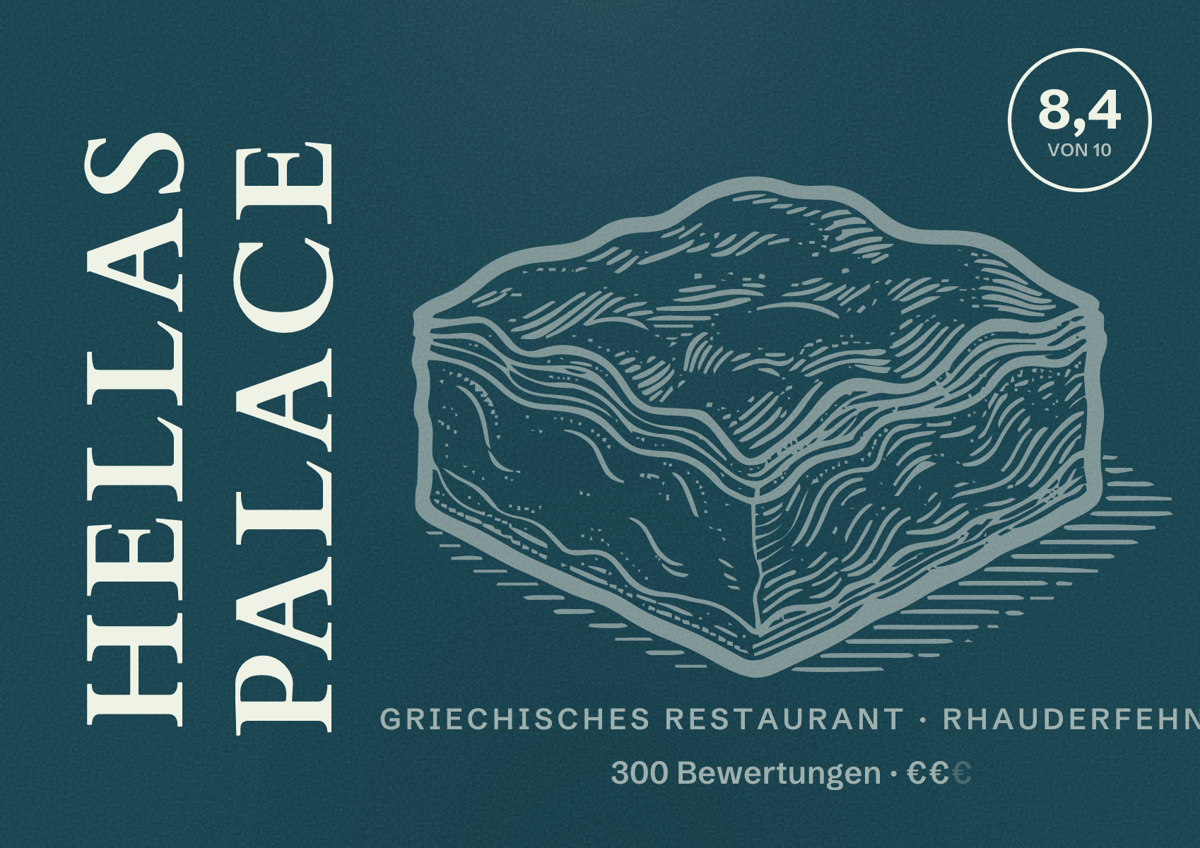 Illustriertes Poster von Hellas Palace, Griechisches Restaurant in Rhauderfehn: Bewertung 8,4 von 10 aus 300 Bewertungen, Preisniveau €€