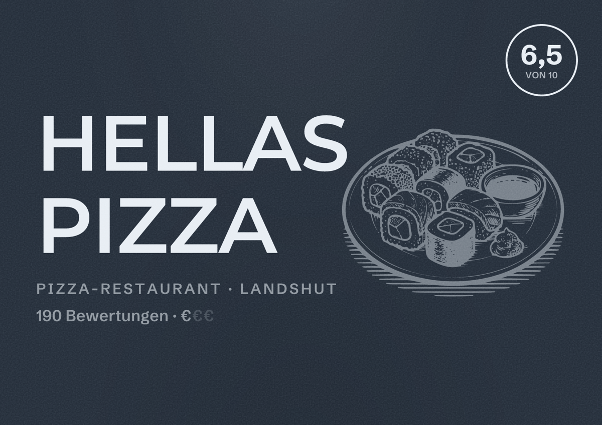 Illustriertes Poster von HELLAS PIZZA, Pizza-Restaurant in Landshut: Bewertung 6,5 von 10 aus 190 Bewertungen, Preisniveau €