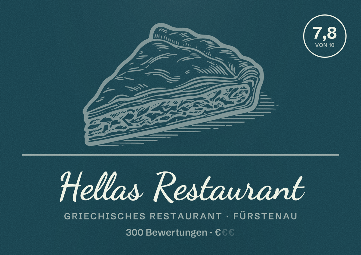 Illustriertes Poster von Hellas Restaurant, Griechisches Restaurant in Fürstenau: Bewertung 7,8 von 10 aus 300 Bewertungen, Preisniveau €